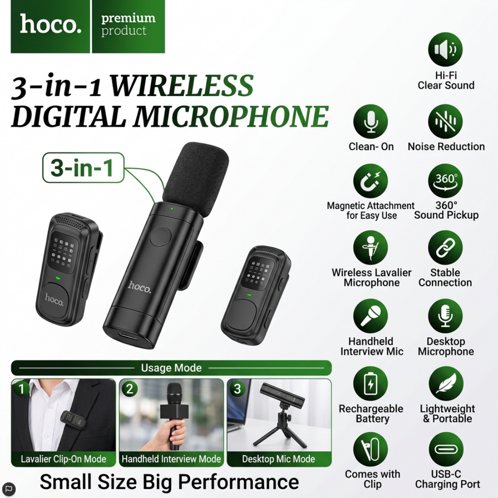 HOCO DI106 is a magnetic-attached 3-in-1 wireless digital microphone