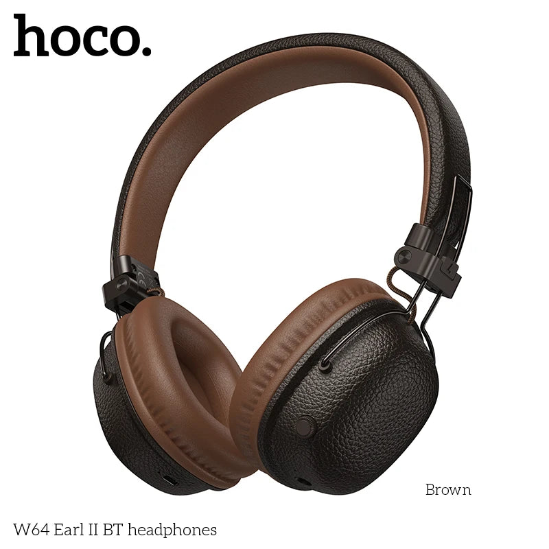 سماعات رأس HOCO W64 فوق الأذن مزودة بتقنية البلوتوث 5.4، سماعات أذن كبيرة من الجلد، سماعات أذن قابلة للطي، سماعات رأس رياضية موسيقية مزودة بميكروفون
