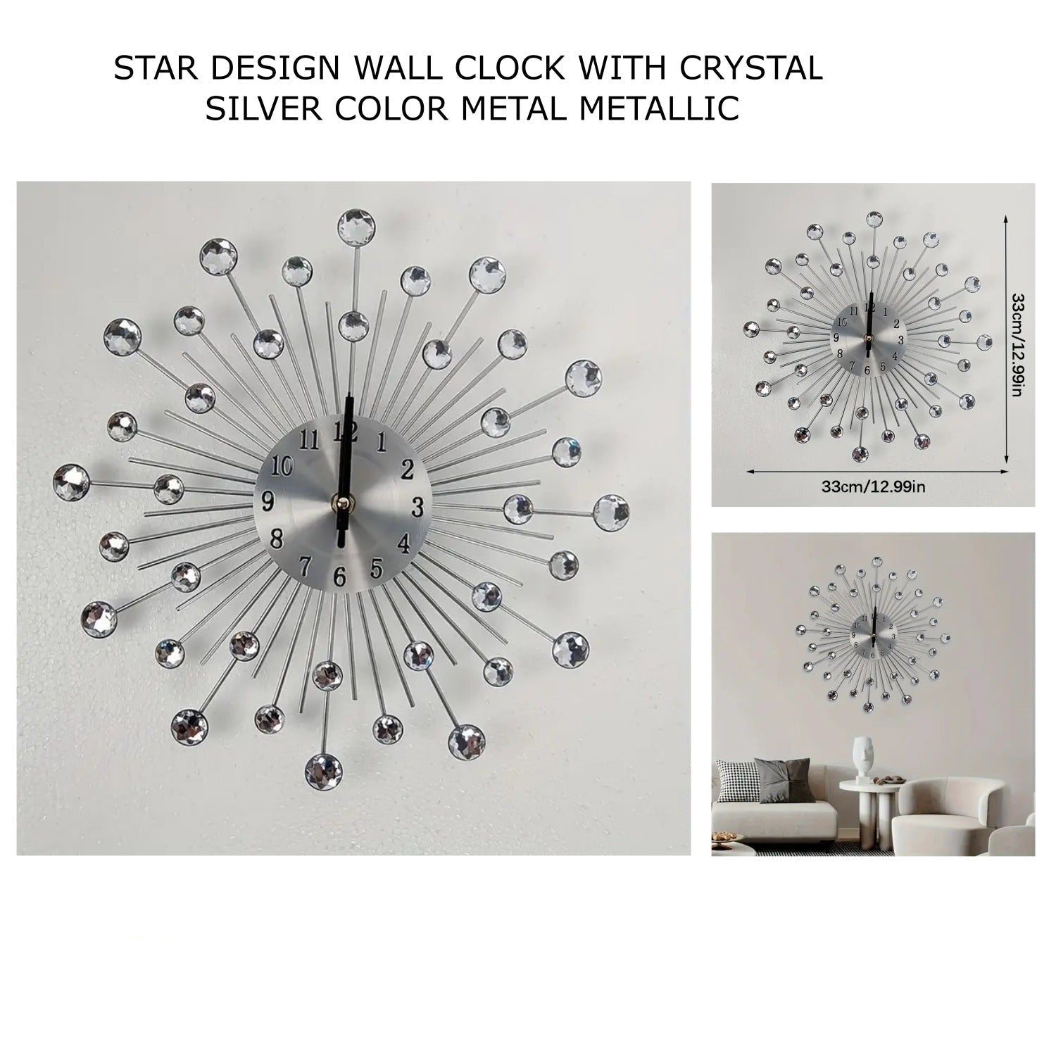 Star Silver Color Crystal Metallic Fancy Wall clock