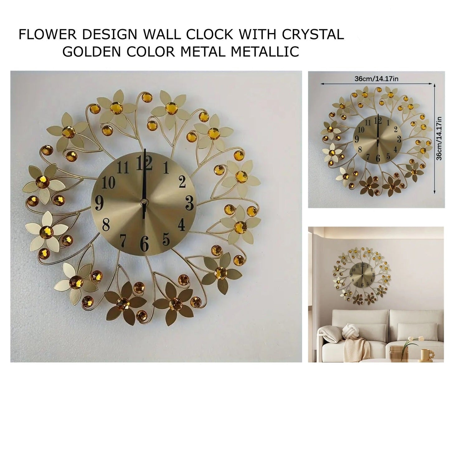 Flower Design Golden Crystal Metallic Wall Clock
