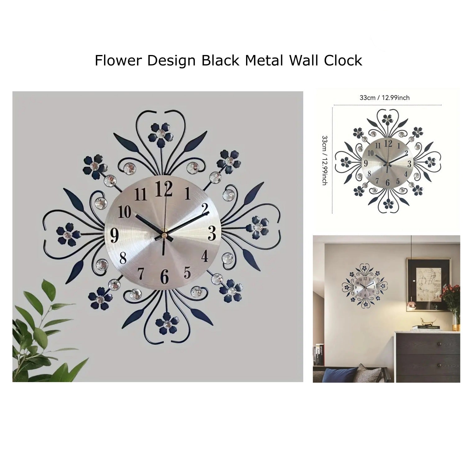 Flower Design Black Metal Fancy Wall Clock