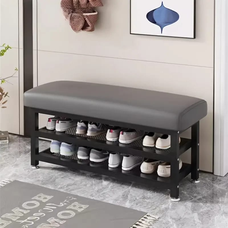 Contemporary Steel Accent Bench with Locker Storage, Padded Upholstery