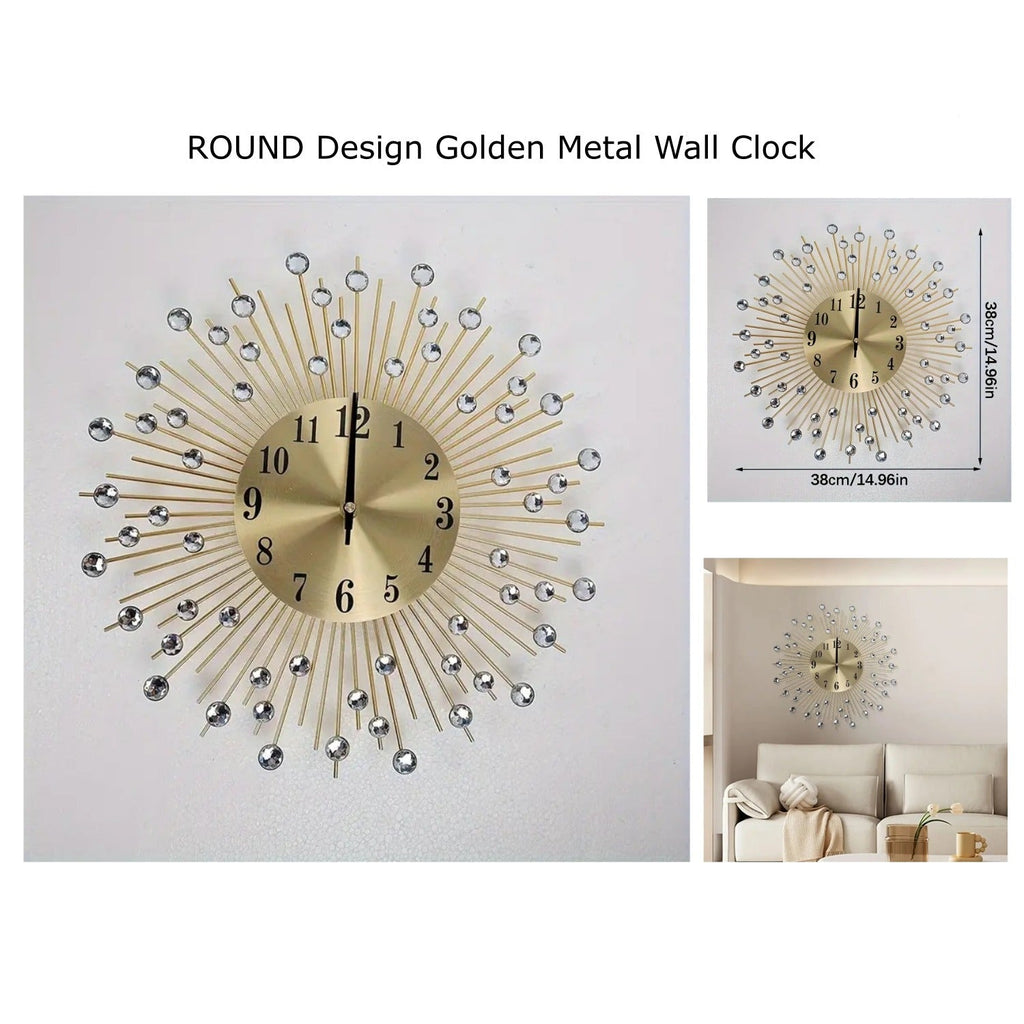 ساعة حائط معدنية ذهبية بتصميم دائري