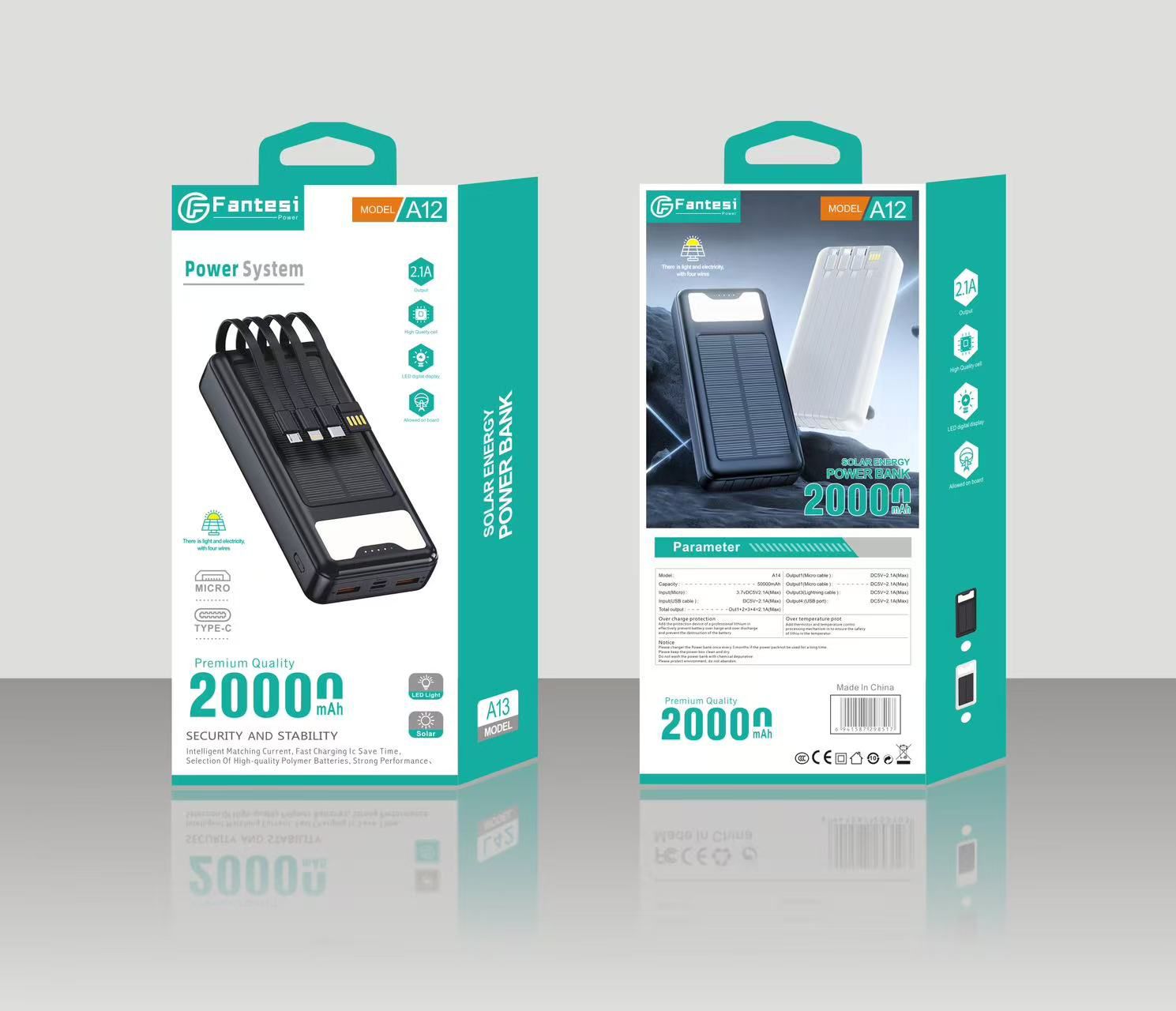 Solar Power Bank 20000mAh 4 Outputs USB Type C Micro iPhone Cable with led light