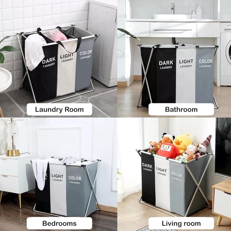 3-Compartment Foldable Laundry Basket 68 × 38 × 60 cm