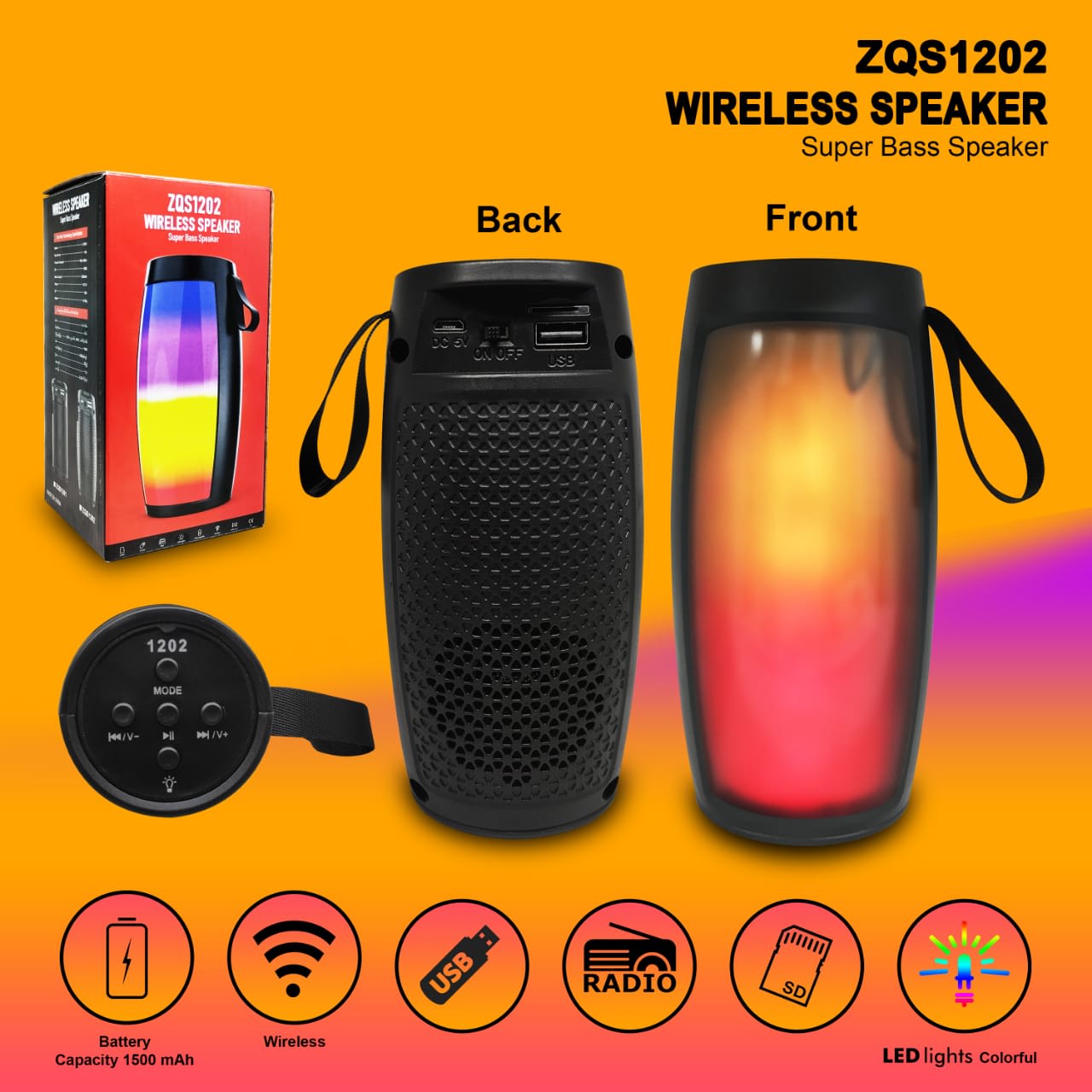 ZQS 1202 مكبر صوت لاسلكي بتقنية البلوتوث مع أضواء LED