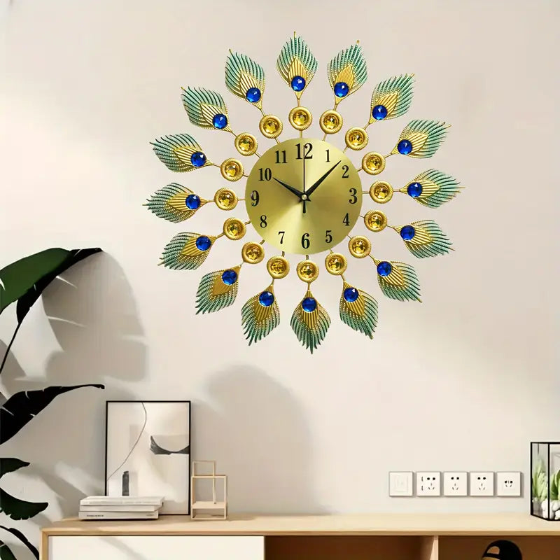 Peacock Design Crystal Metal Fancy Wall Clock