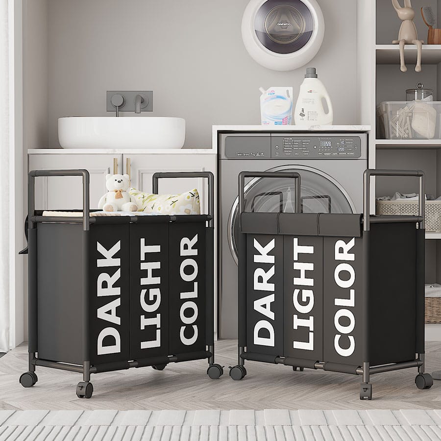 3 Section Large Capacity Laundry Basket With Wheels & Handle