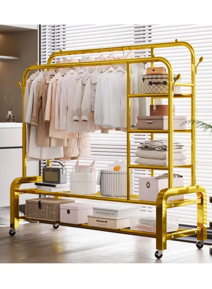 Double Clothes Rack Rolling Wardrobe Stand with Side Hooks