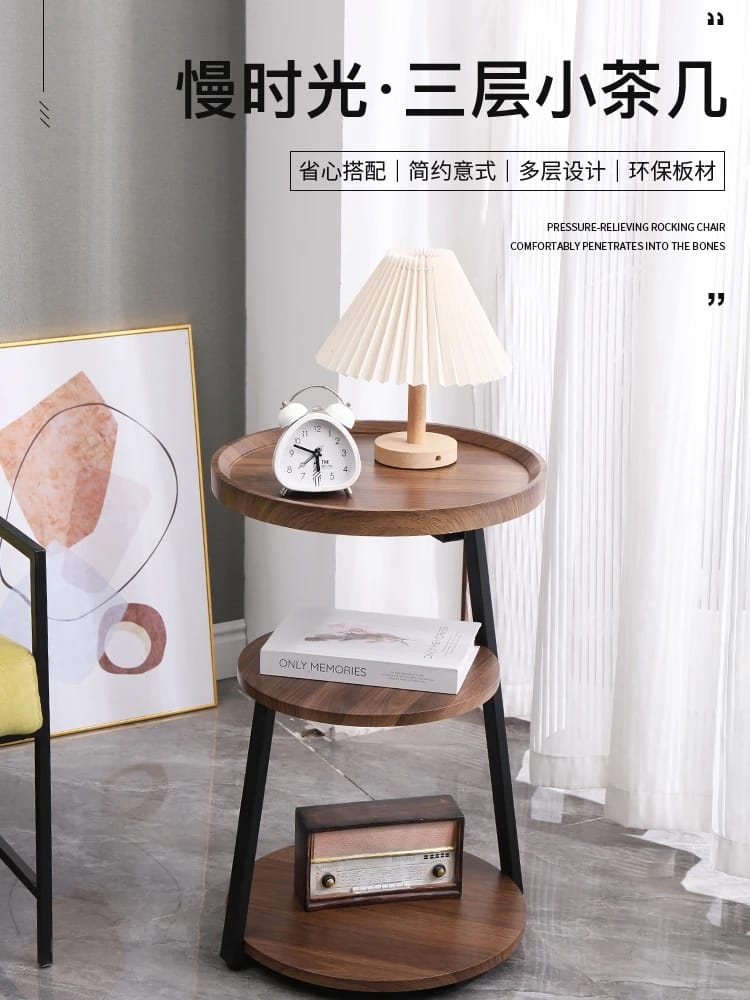 طاولة جانبية مستديرة مع 3 رفوف لغرفة المعيشة وغرفة النوم وطاولة بجانب السرير بإطار معدني قوي