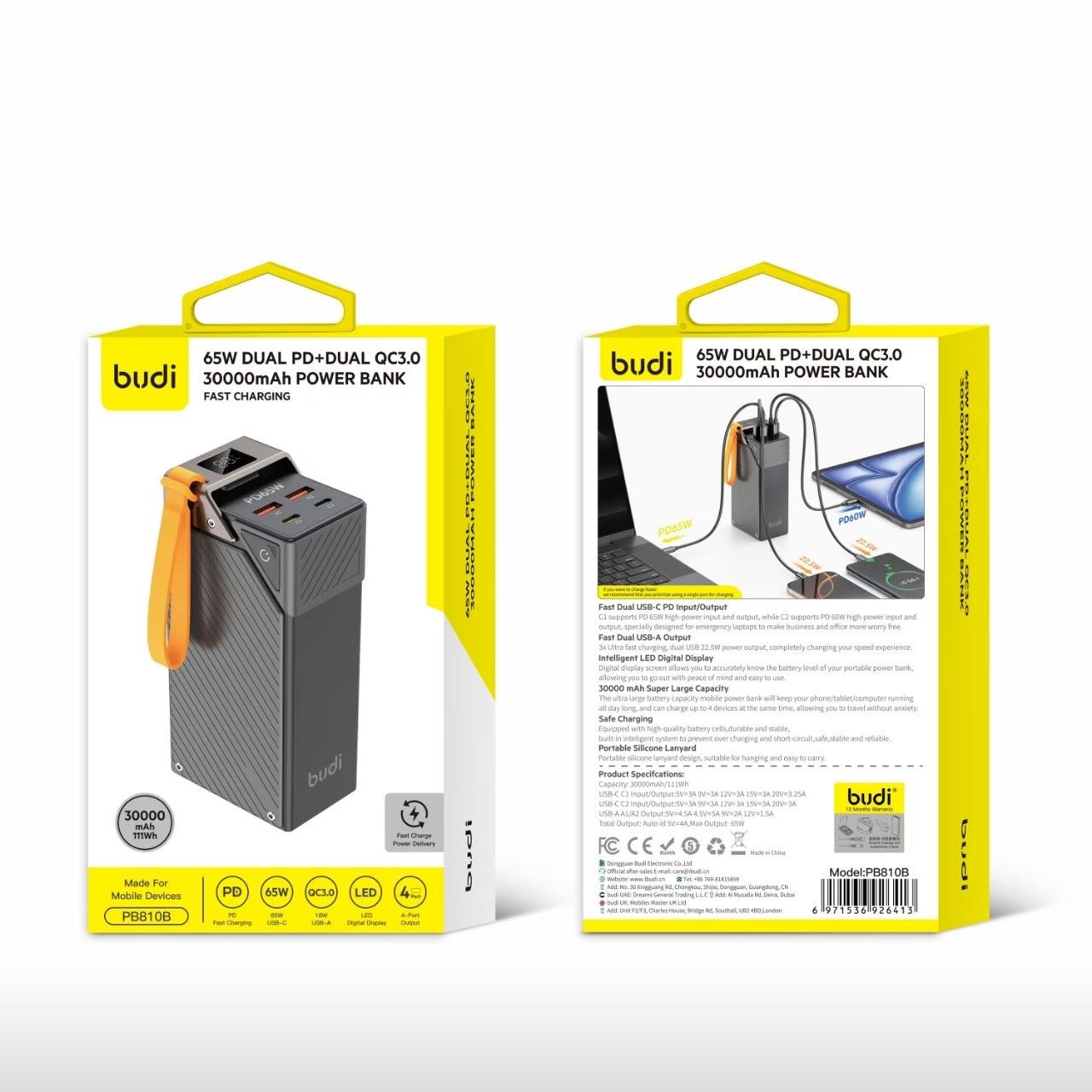 Budi 65W DUAL PD+DUAL QC3.0 30000mAh POWER BANK FAST CHARGING