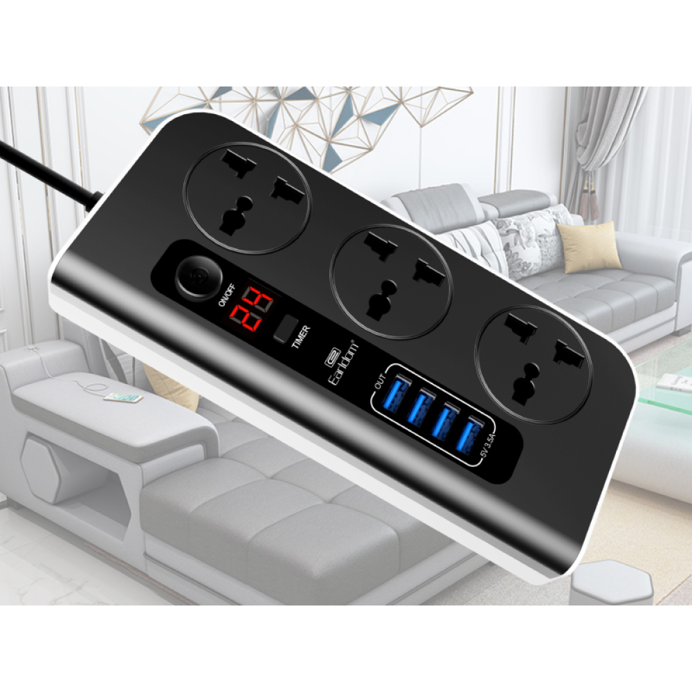 وصلة طاقة Earldom SC02 ثلاثية الاتجاهات مع شاحن سريع 4 منافذ USB مع سلك بطول 1.5 متر وشاشة LED