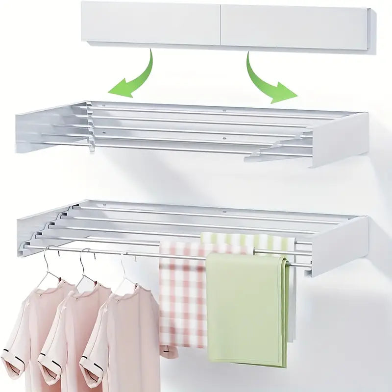 Wall Mounted Clothes Drying Rack 31.5", Foldable Wall Mount Laundry Rack Folding Indoor, Collapsible, Hidden Space Saver with Wall Template, 5 Rods