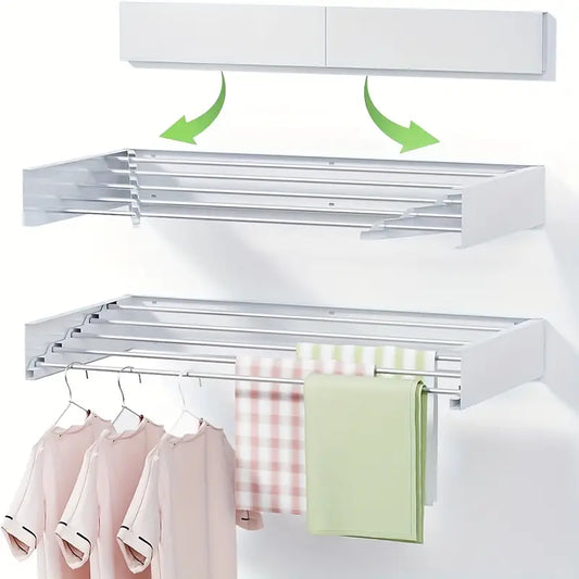 Wall Mounted Clothes Drying Rack 31.5", Foldable Wall Mount Laundry Rack Folding Indoor, Collapsible, Hidden Space Saver with Wall Template, 5 Rods