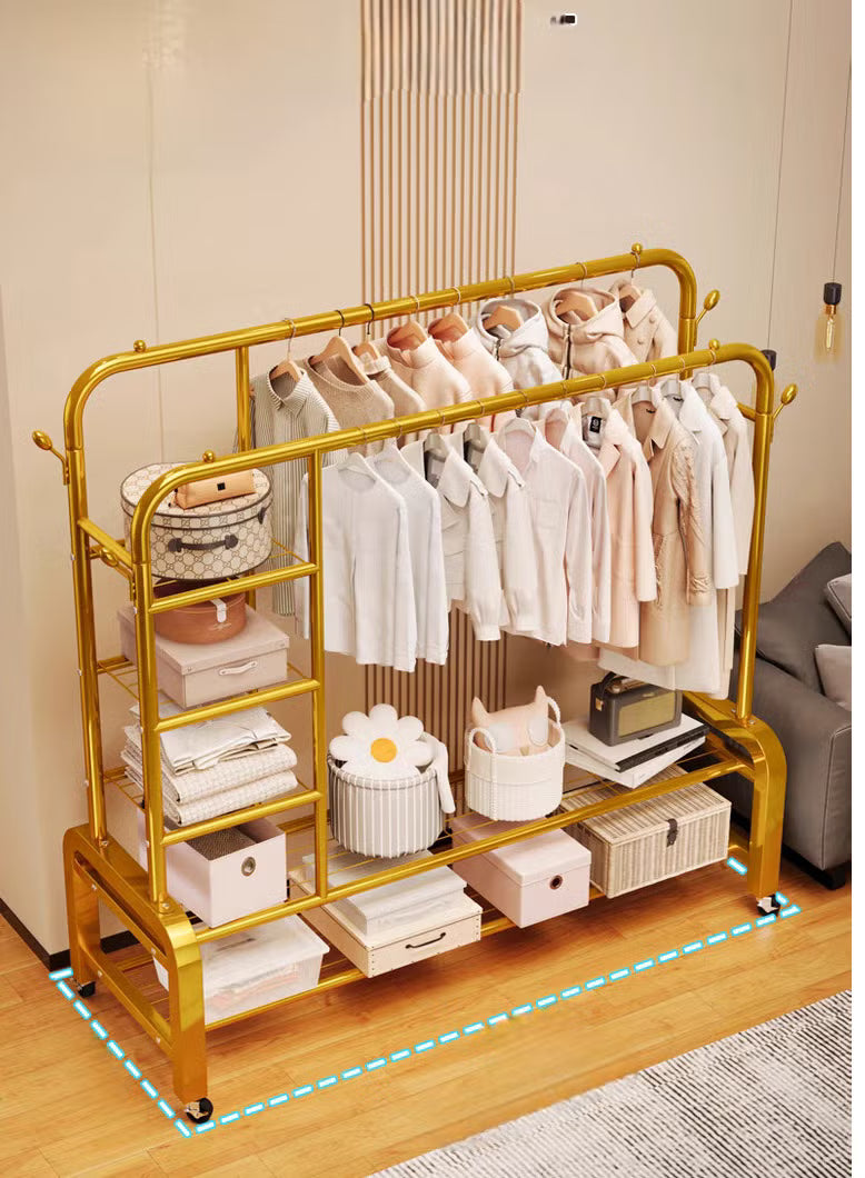 Double Clothes Rack Rolling Wardrobe Stand with Side Hooks