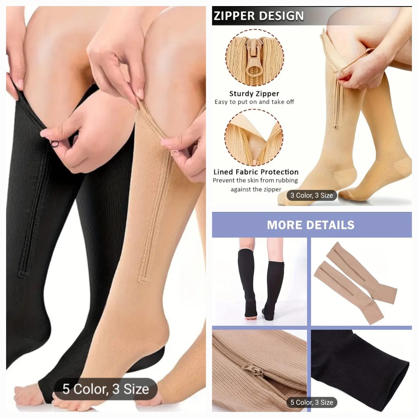 زوج من جوارب الضغط للنساء والرجال، 15-20 مم زئبق، سحاب مفتوح لدعم الساق