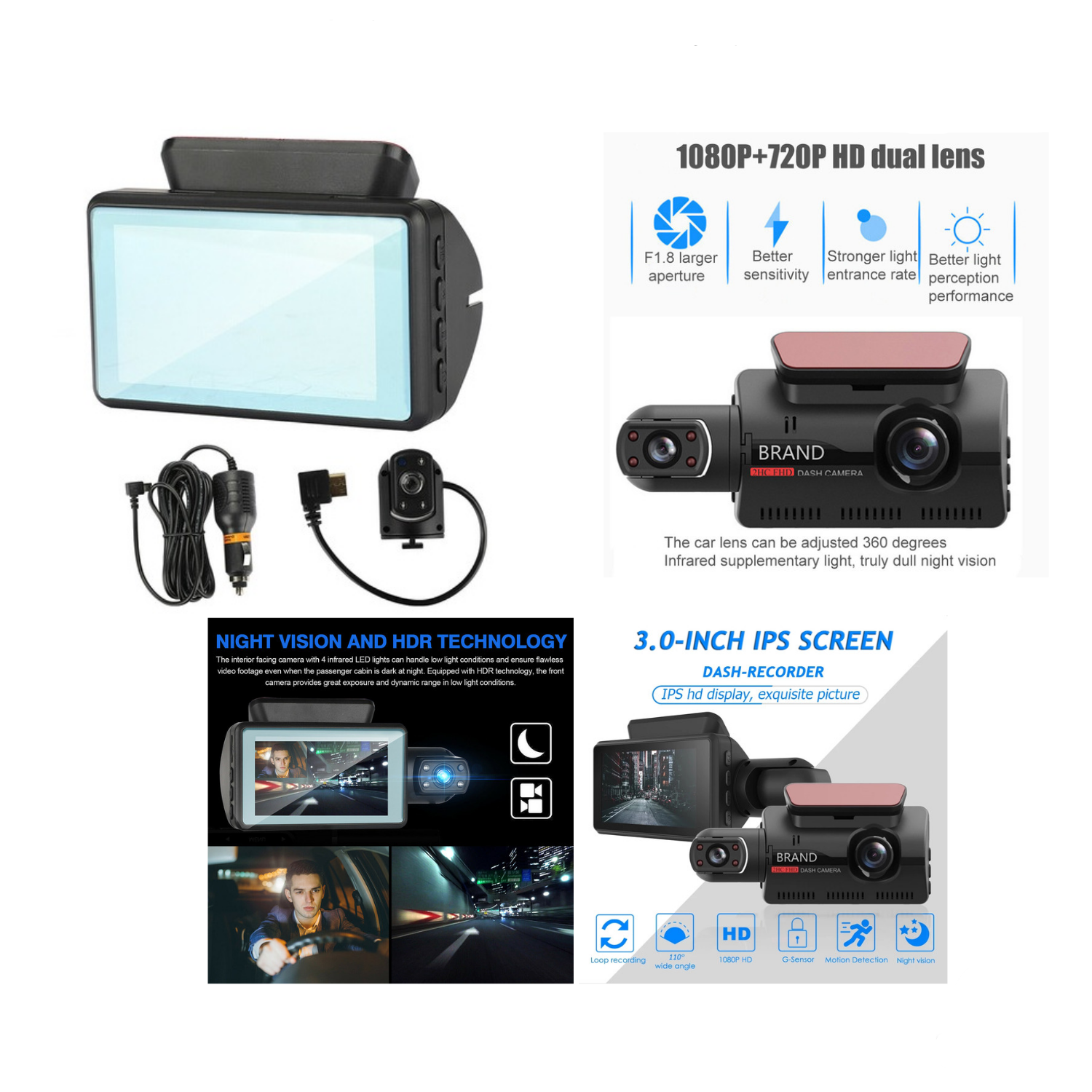 كاميرا A68 DVR للسيارة مقاس 3 بوصات بزاوية 110 درجات بدقة 1080 بكسل عالية الدقة