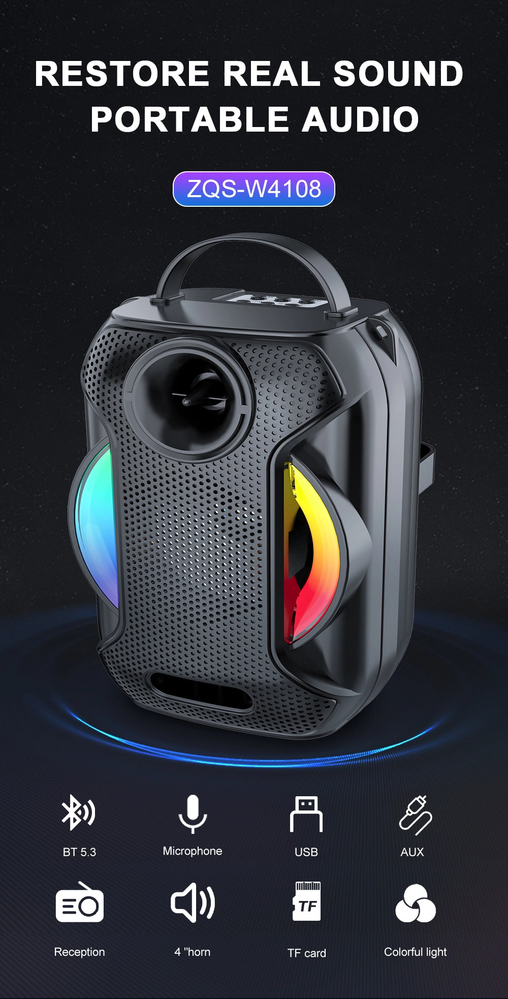 Sing-E ZQS-W4110 Portable Bluetooth Speaker with RGB Lights Dual Wireless Microphones