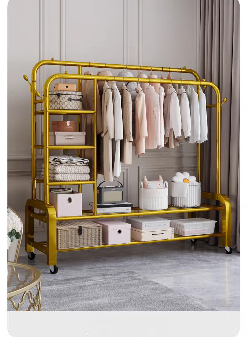 Double Clothes Rack Rolling Wardrobe Stand with Side Hooks