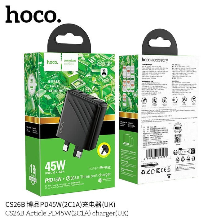 HOCO CS26B PD45W 3-Port Wall Charger (UK Plug)