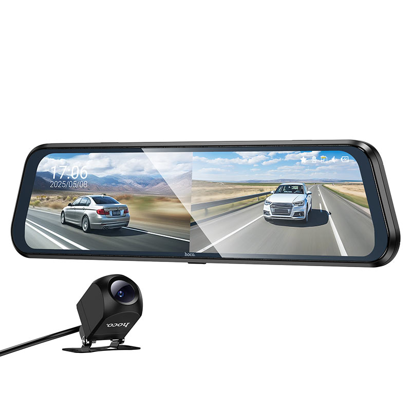 HOCO DV16 car dash cam, dual camera,9.66 inches IPS HD display, 30fps, 140° overview, IPS HD screen, touch control, loop recording, sound recording, HD night vision