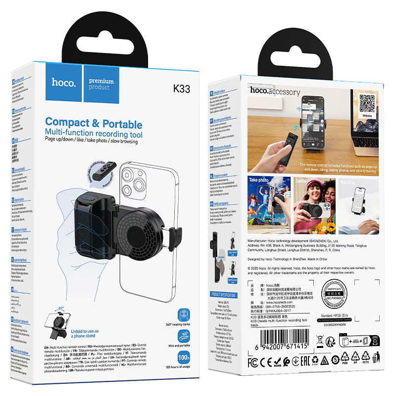 HOCO K33 Oleada grip handle with remote control, for 4.5 – 7″ phones, desktop stand