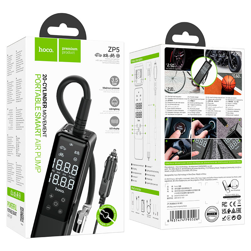 HOCO ZP5 Smart air pump , 3.5 bar air pressure, four working modes, LED display