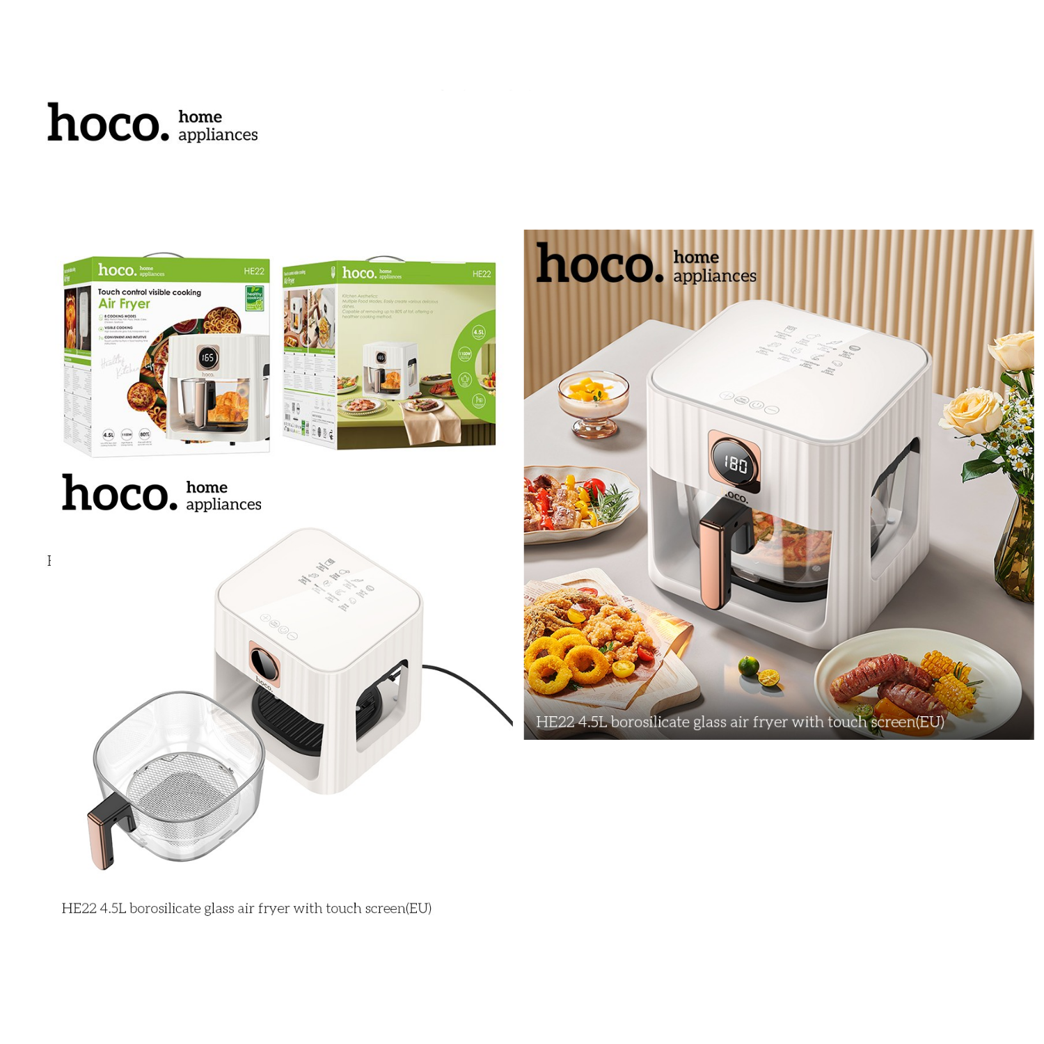 مقلاة هوائية من زجاج البورسليكات HOCO HE22 سعة 4.5 لتر مع شاشة تعمل باللمس (الاتحاد الأوروبي) 