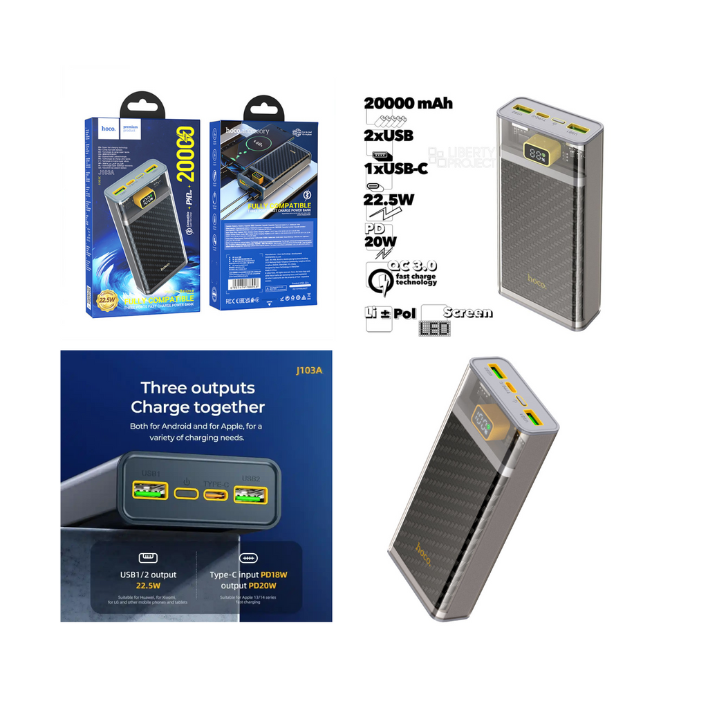 باور بانك هوكو J103A بسعة 20000 مللي أمبير في الساعة مع شحن سريع وشاشة LED