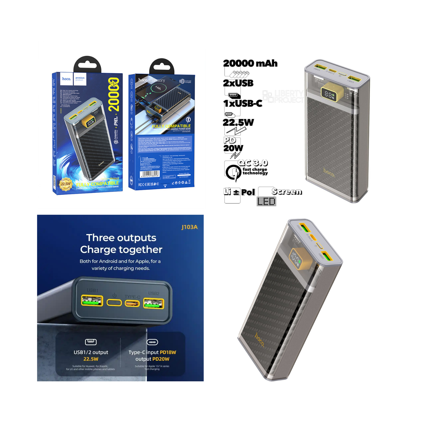 باور بانك هوكو J103A بسعة 20000 مللي أمبير في الساعة مع شحن سريع وشاشة LED