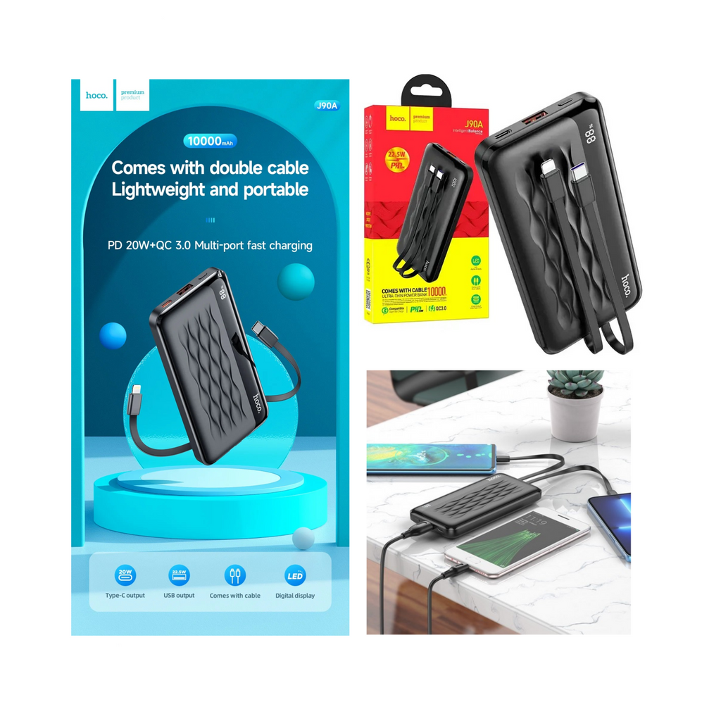 باور بانك هوكو J90A بسعة 10000 مللي أمبير مع كابلات شحن مدمجة