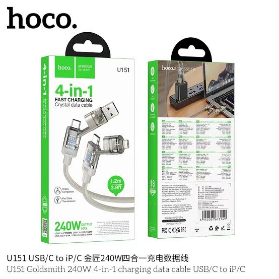 HOCO  U151 240W 4 in 1 USB and Type-C to Type-C and 8 Pin Charging Cable