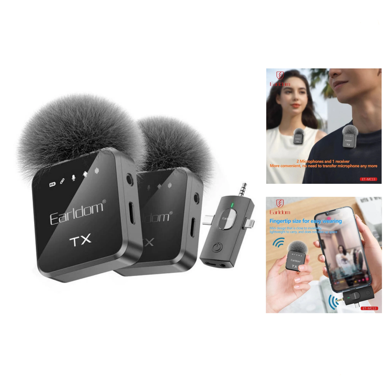 ميكروفون لاسلكي بمشبك طوق 3 في 1 من Earldom MC13 مزود بميكروفونين