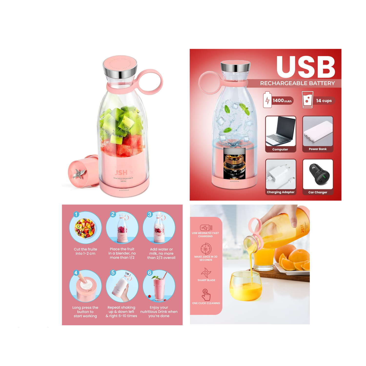 خلاط عصير محمول صغير قابل لإعادة الشحن بمنفذ USB بسعة 420 مل