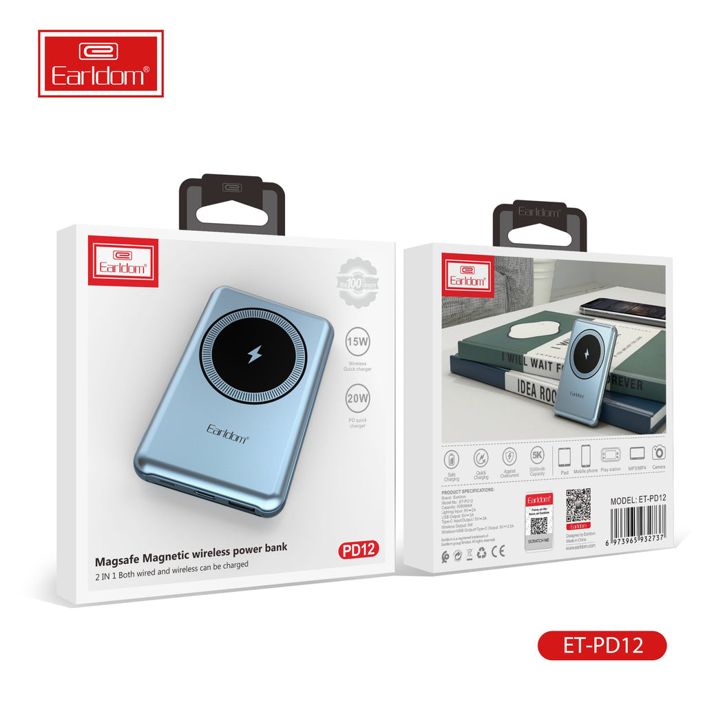 باور بانك لاسلكي مغناطيسي PD12 Magsafe من Earldom® بسعة 5000 مللي أمبير في الساعة