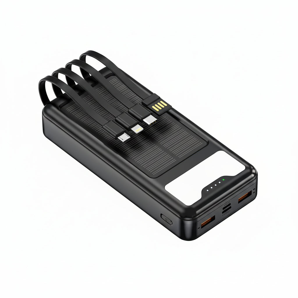 Solar Power Bank 20000mAh 4 Outputs USB Type C Micro iPhone Cable with led light