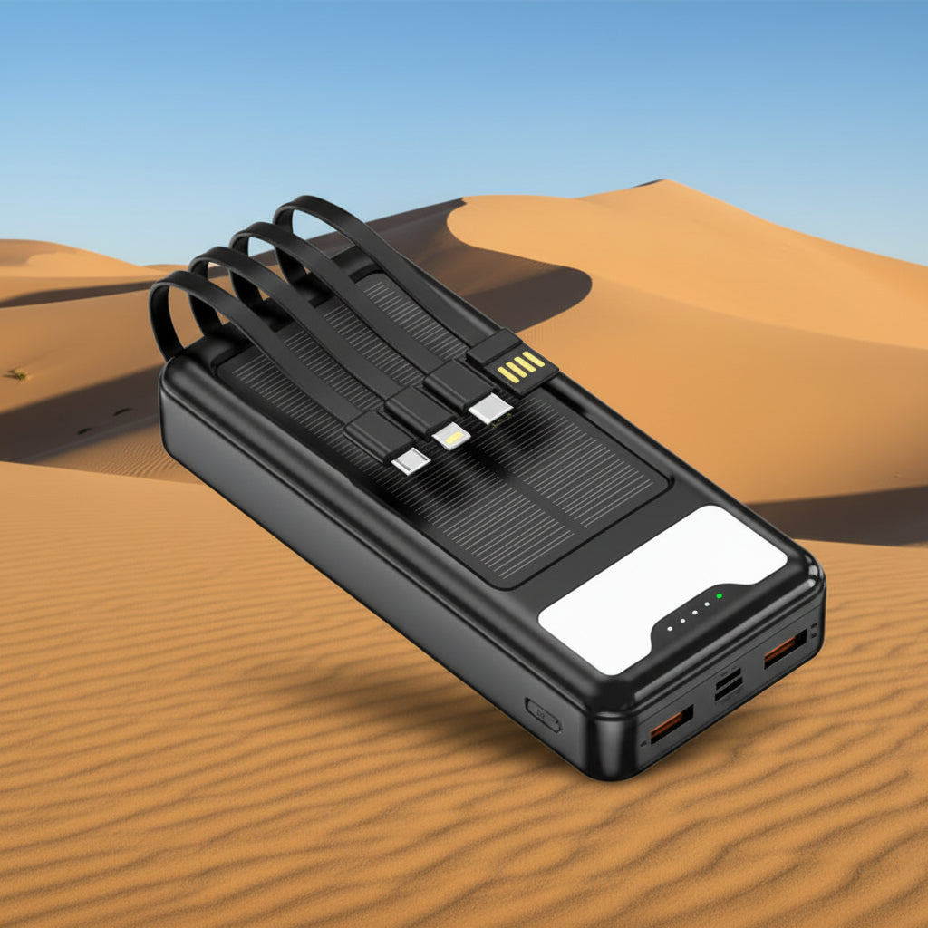 Solar Power Bank 20000mAh 4 Outputs USB Type C Micro iPhone Cable with led light