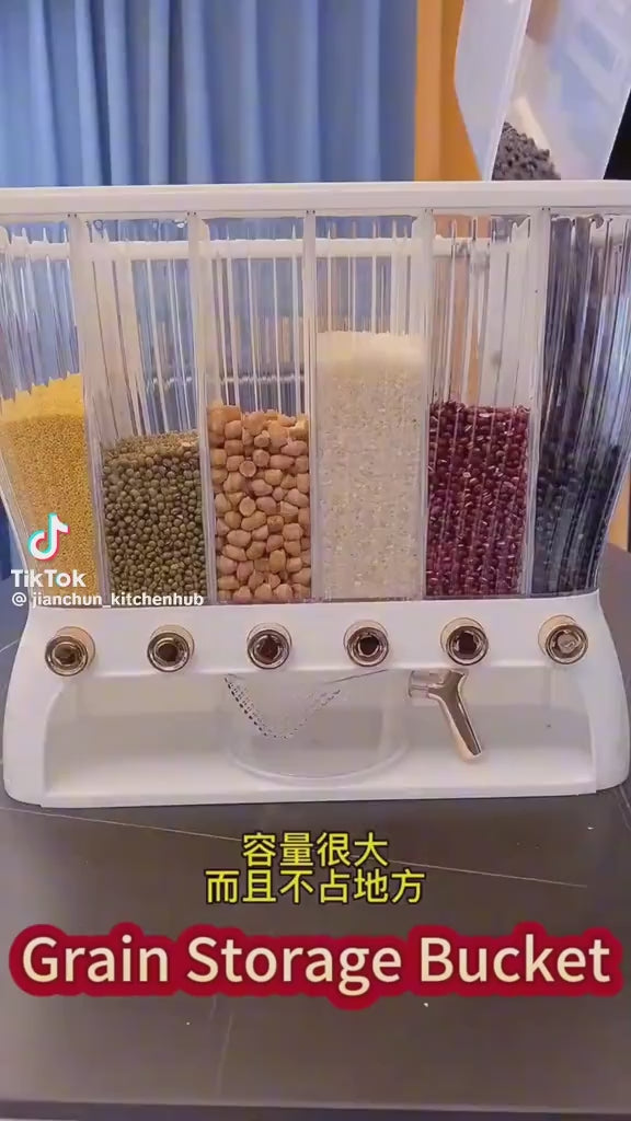 Rice Dispenser Storage Cereal Beans Container 6 Grids Grain Dispenser with Measuring Cup Lid