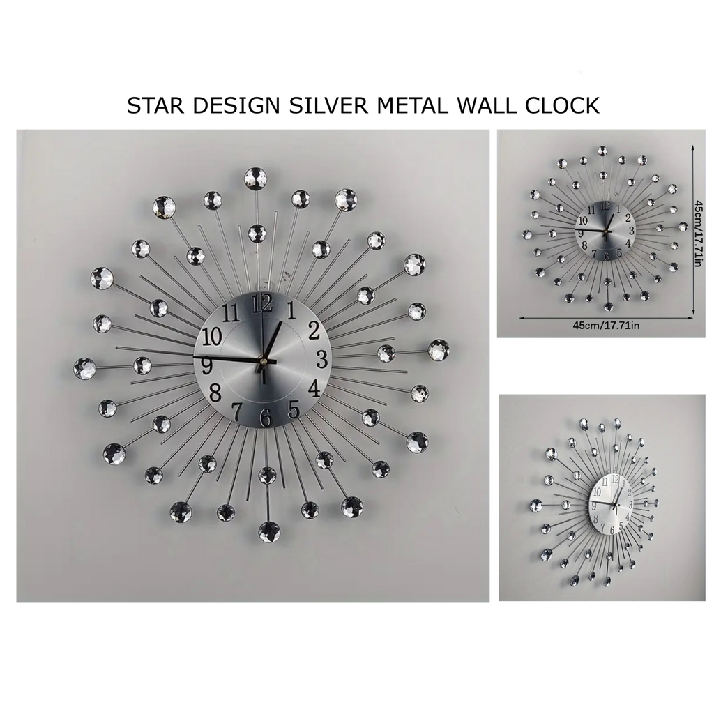Star Design Silver Color Metal Fancy Wall Clock
