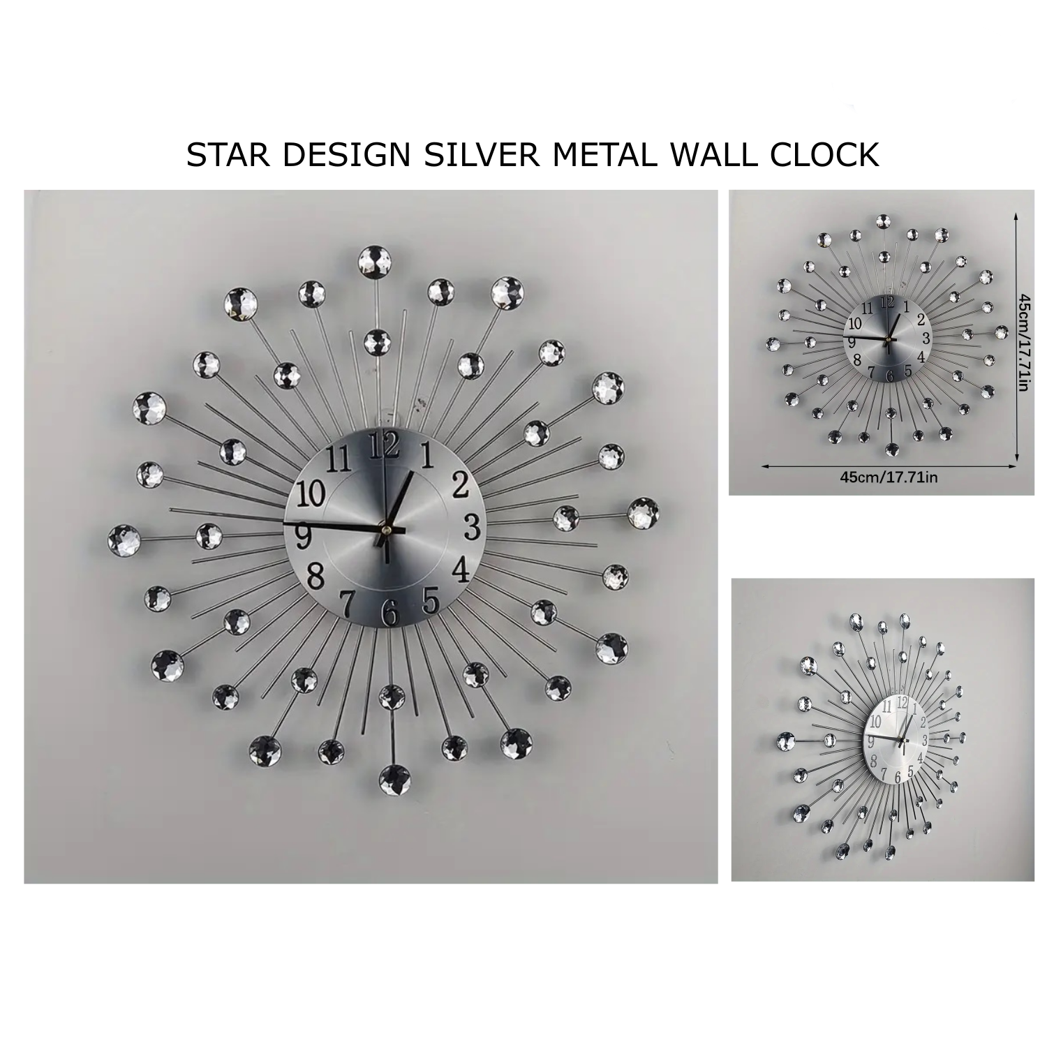 Star Design Silver Color Metal Fancy Wall Clock