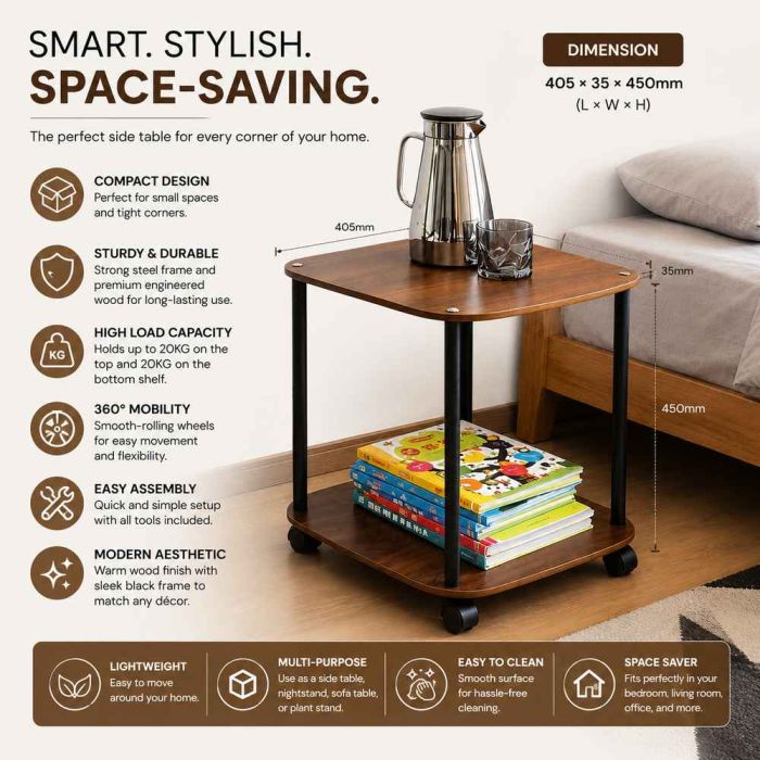 2 Layer Modern Side Table with Wheels 40 x 45 cm