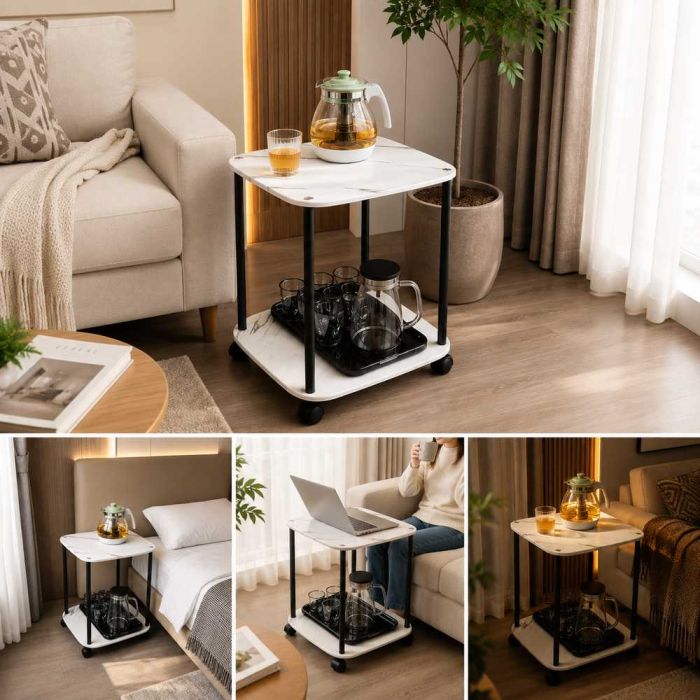 2 Layer Modern Side Table with Wheels 40 x 45 cm