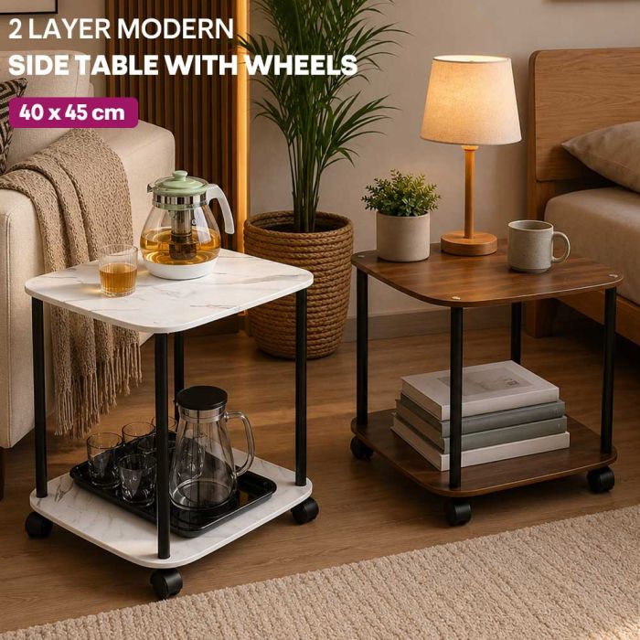 2 Layer Modern Side Table with Wheels 40 x 45 cm