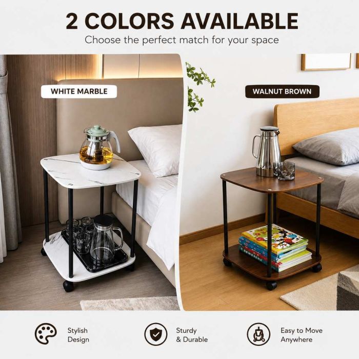 2 Layer Modern Side Table with Wheels 40 x 45 cm