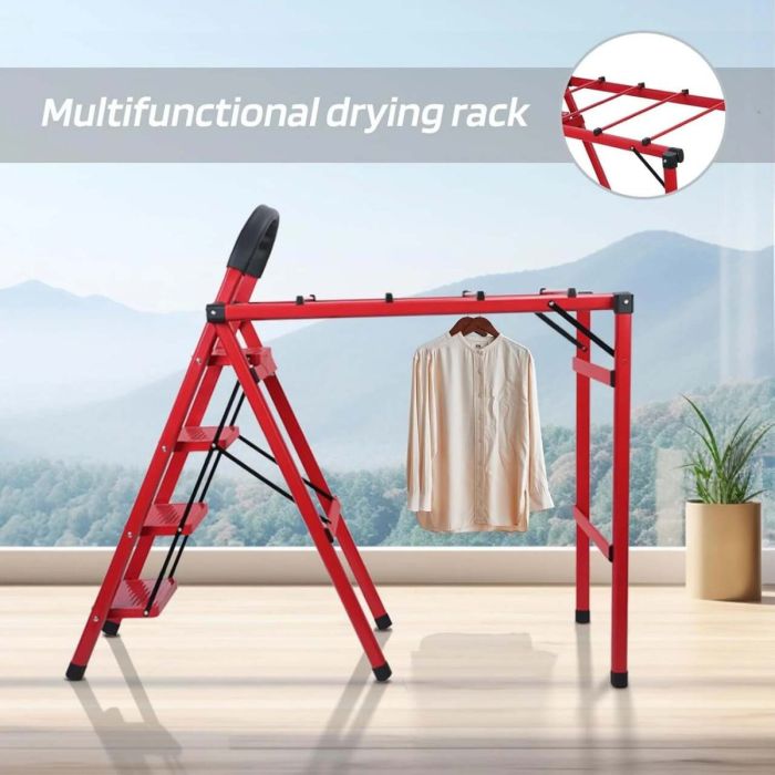 LADDER With Foldable Drying Garment Free Standing Clothes Rack with Double Rod and Tool Tray for Dorm Bedroom Home