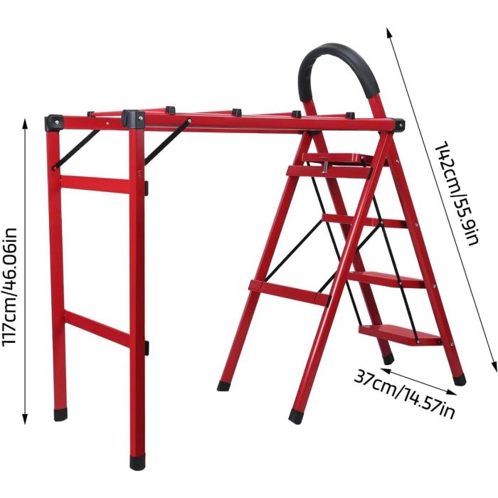 سلم مع رف تجفيف ملابس قابل للطي قائم بذاته مع قضيب مزدوج وصينية أدوات
