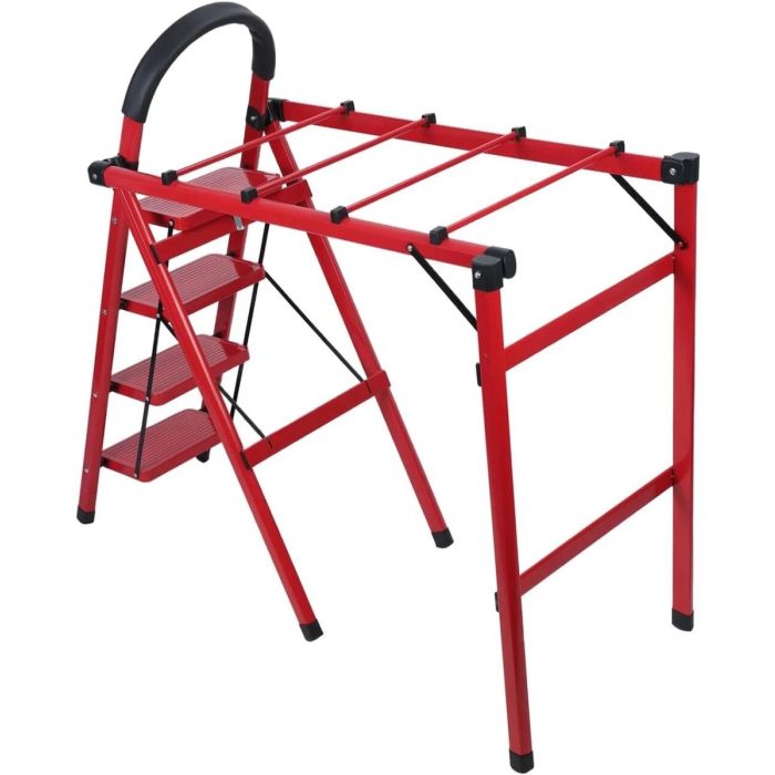 سلم مع رف تجفيف ملابس قابل للطي قائم بذاته مع قضيب مزدوج وصينية أدوات