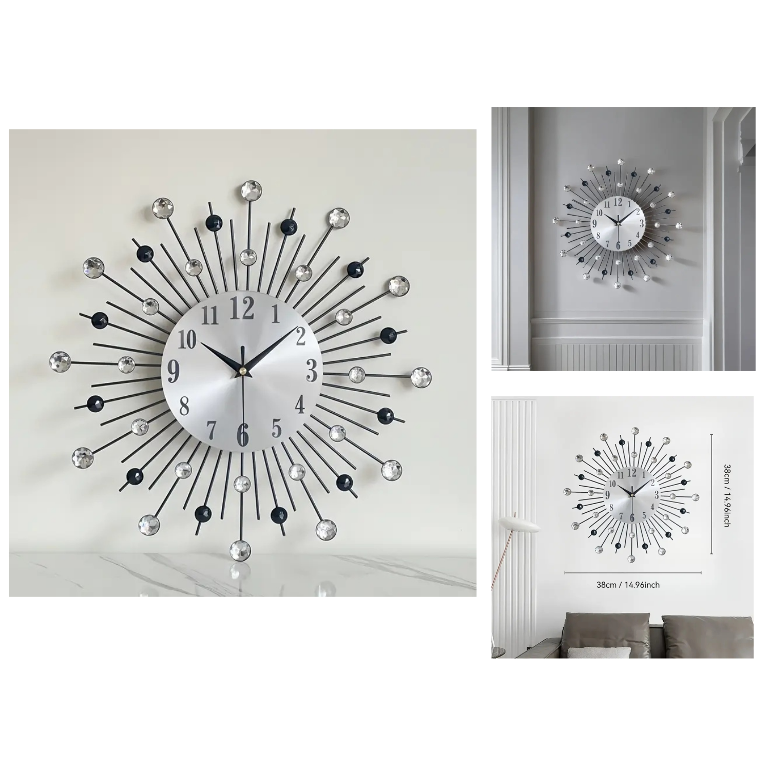 Black & White Star Crystal Metal Wall CLock