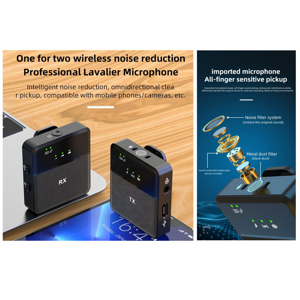 SX9 Dual Long Range Digital Mini Wireless Lavalier Microphone For 3.5mm Jack & Type C Devices
