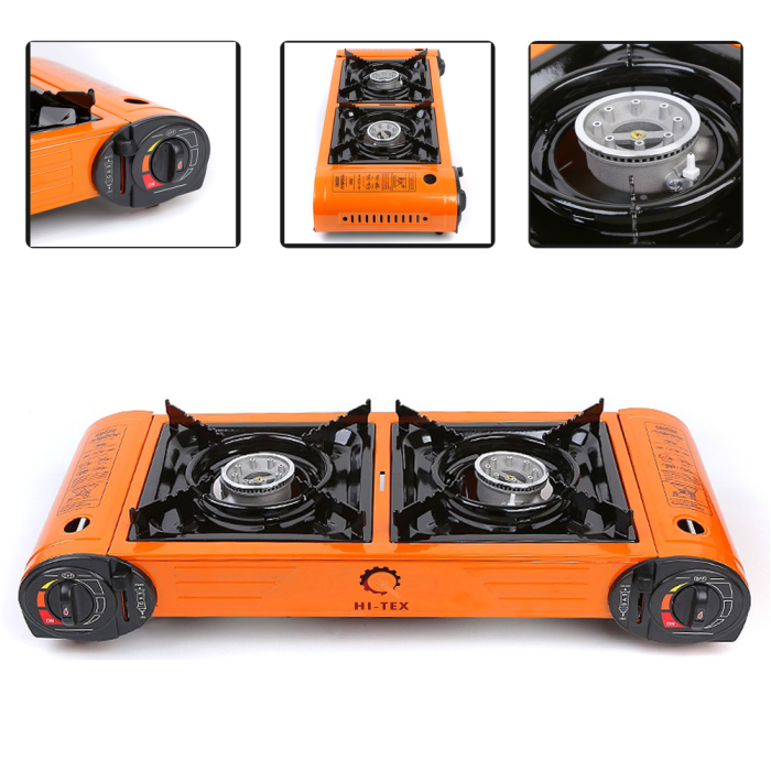 Dual Burner Butane Camping Stove, Portable Outdoor Cooker with Auto-Ignition & Carrying Case